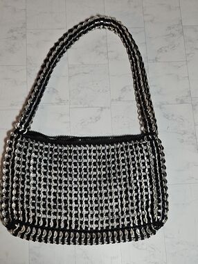 Black Shoulder Bag with Silver Chain Weave